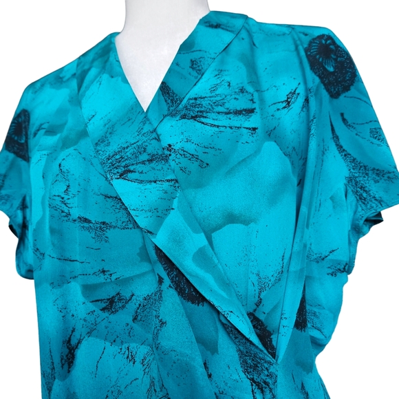 Equipage floral blue-green & black silk midi dress faux wrap drop sleeve size 12 - Picture 5 of 14